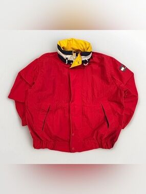 Vintage Tommy Hilfiger Jacket Hidden Hood Size Medium Logo Red Yellow Blue